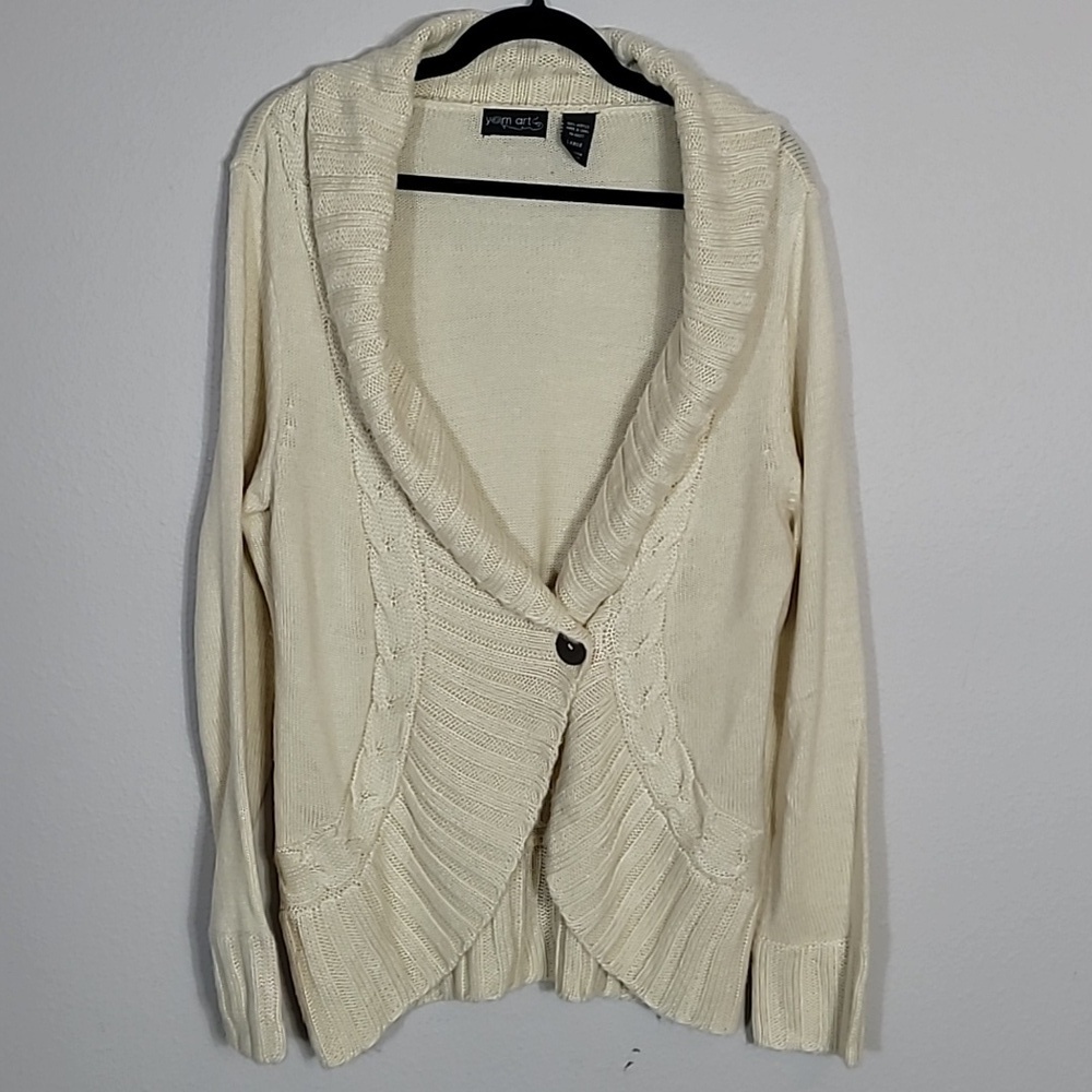 Vintage Yarn Art Chunky Cable Knit Cardigan Size L Cream Ivory Coastal Women